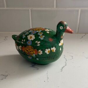 Vintage Hand Painted Wooden Duck Trinket Box Folk Art India Floral